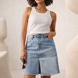 NYDJ Two Tone Patchwork Denim Midi Skirt High Rise Front Slit Size 14 90’s style